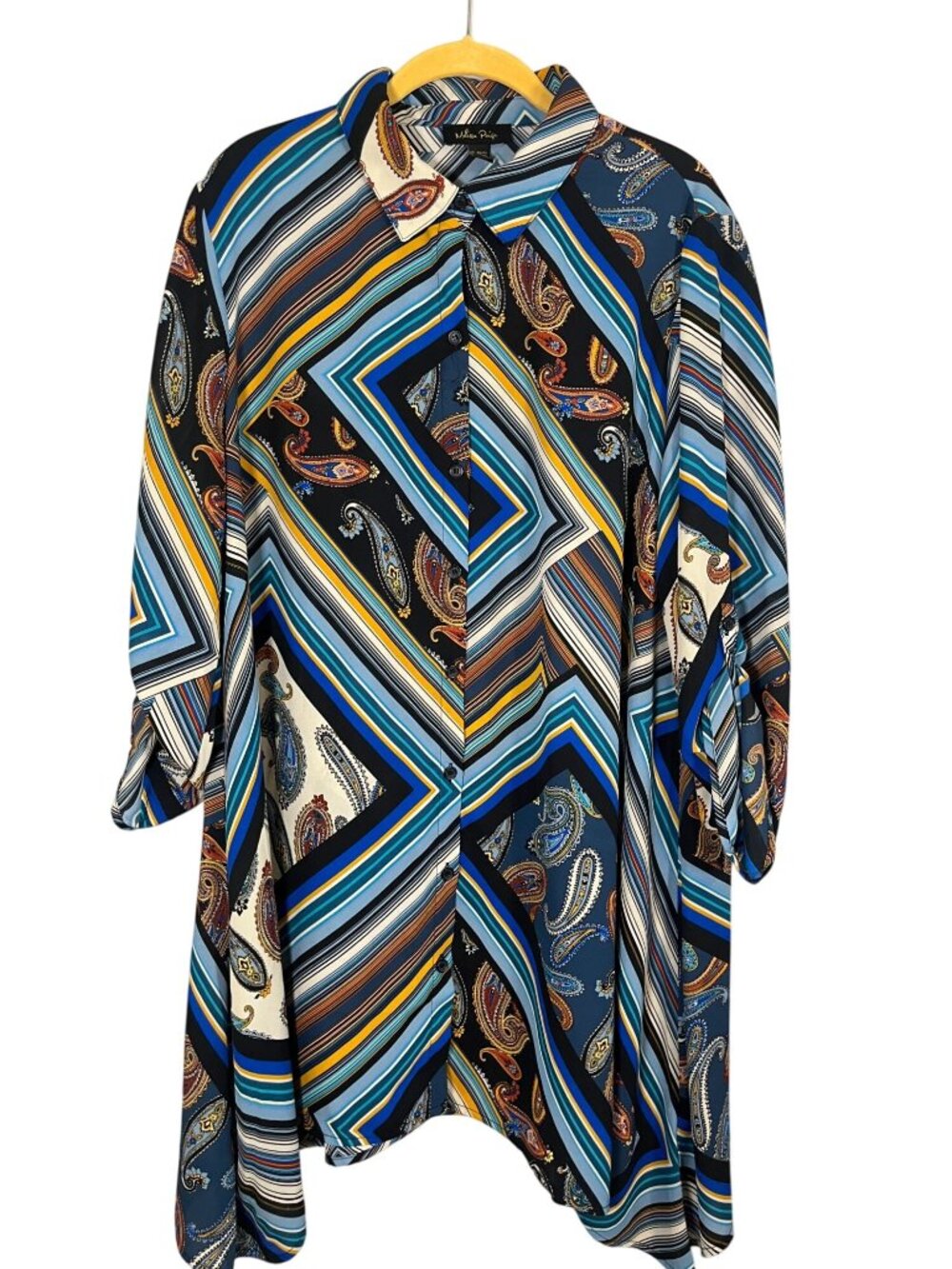 Colorful Floral Stripe Tunic Top Blue XL Artsy Boho Indie Folk Paisley Patchwork